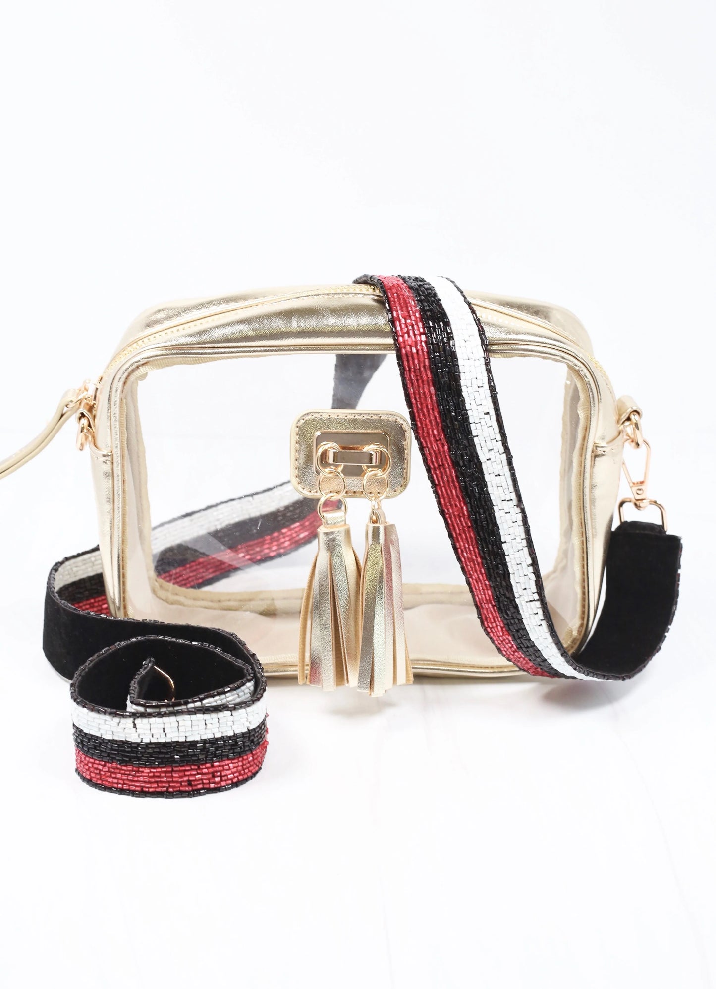 Stripe Beaded Purse Strap | Red+Black+White
