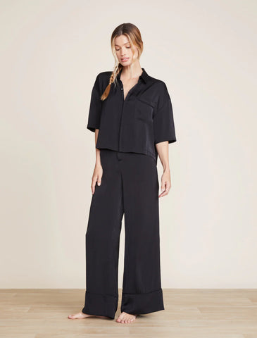 Washed Satin Piped Wide Leg Pant