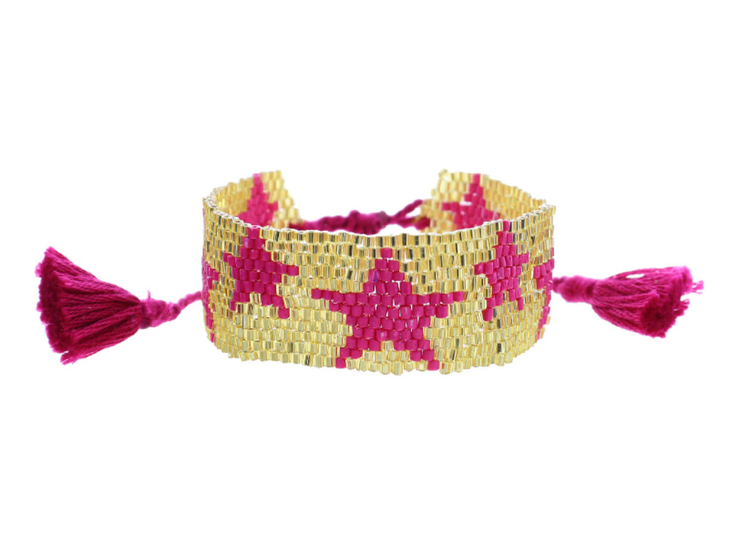 Pink Stars Beaded Woven Bracelet
