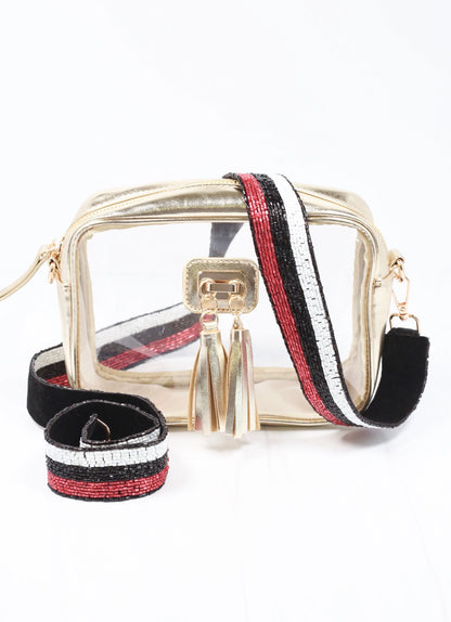 Stripe Beaded Purse Strap | Red+Black+White